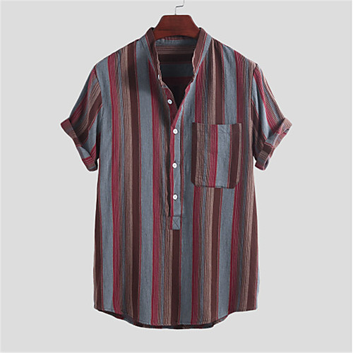

Men's Shirt Striped Button-Down Short Sleeve Casual Tops 100% Cotton Lightweight Casual Fashion Breathable Red Yellow