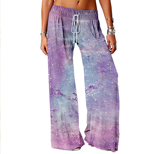 

Women's Basic Soft Comfort Daily Home Wide Leg Pants Galaxy Graphic Full Length Elastic Drawstring Design Print Blue Purple