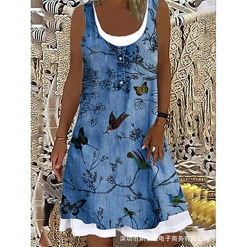 

Women's Strap Dress Knee Length Dress Light Blue Sleeveless Floral Animal Print Summer Boat Neck Elegant Casual Holiday 2021 S M L XL XXL 3XL