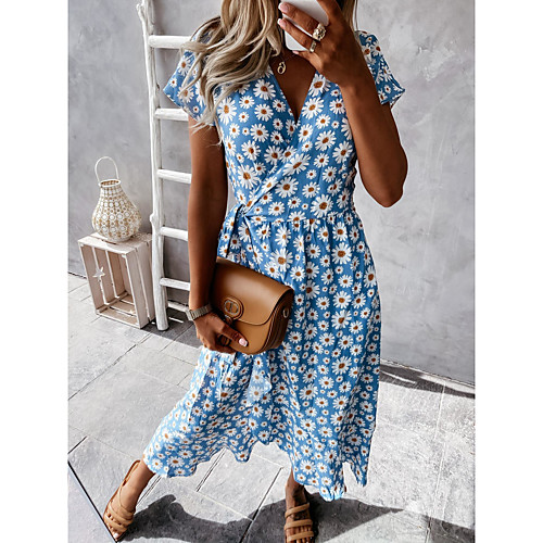 

2021 european and american cross-border spring and summer new style small floral print sweet lace v-neck mid-length dress 8415