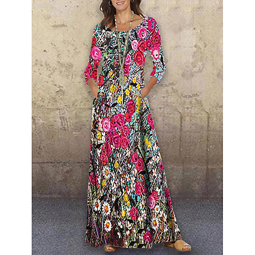 

Women's Shift Dress Maxi long Dress Blushing Pink 3/4 Length Sleeve Floral Print Print Spring Summer Round Neck Casual Holiday 2021 S M L XL XXL 3XL