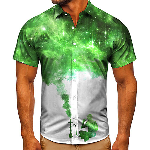 

Men's Shirt 3D Print Galaxy Graphic Prints Button-Down Short Sleeve Street Tops Casual Fashion Classic Breathable Green