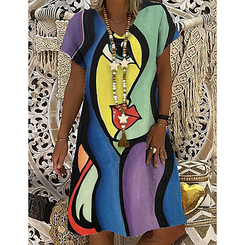 

Women's T Shirt Dress Tee Dress Knee Length Dress Blue Short Sleeve Print Color Block Abstract Print Spring Summer V Neck Casual Holiday 2021 S M L XL XXL 3XL