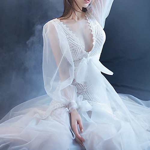 

A-Line Empire Sexy Cocktail Party Prom Dress V Neck Long Sleeve Ankle Length Tulle with Bow(s) 2021