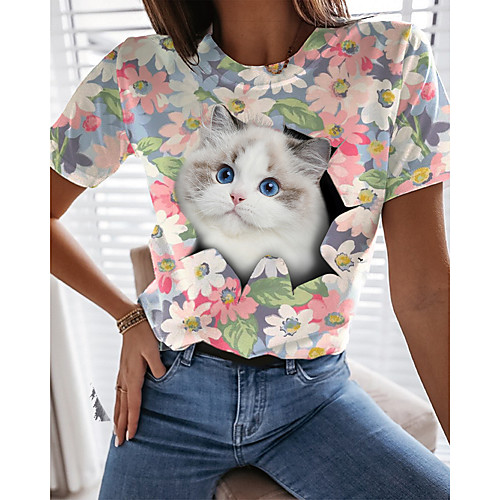 

Women's Floral Theme 3D Cat T shirt Floral Cat 3D Print Round Neck Basic Tops Blushing Pink
