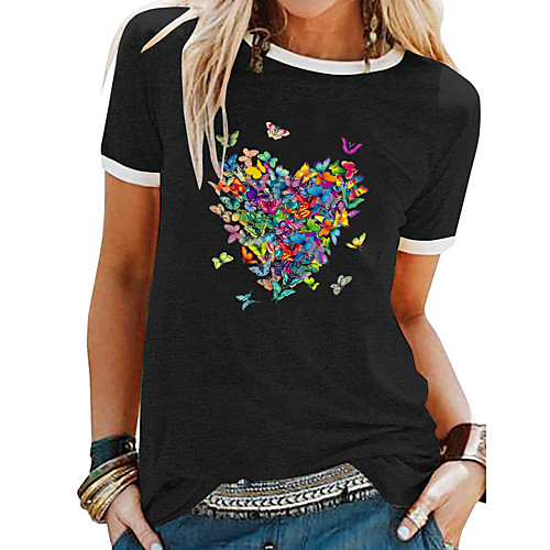 

Women's T shirt Butterfly Heart Patchwork Print Round Neck Tops Basic Basic Top Black Blue Purple