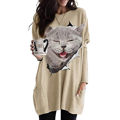 

Women's T shirt Dress Cat Graphic 3D Long Sleeve Pocket Round Neck Tops Basic Basic Top White Black Fuchsia
