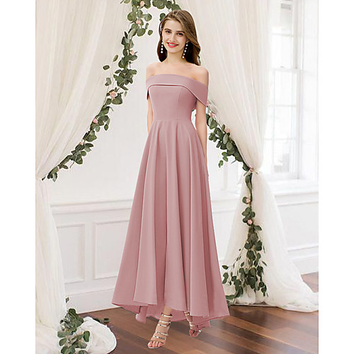 

A-Line Off Shoulder Floor Length Chiffon Bridesmaid Dress with Pleats