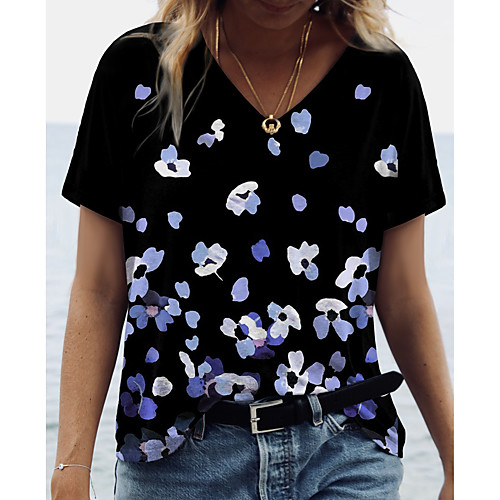 

Women's Floral Theme T shirt Floral Graphic Print V Neck Basic Tops Black