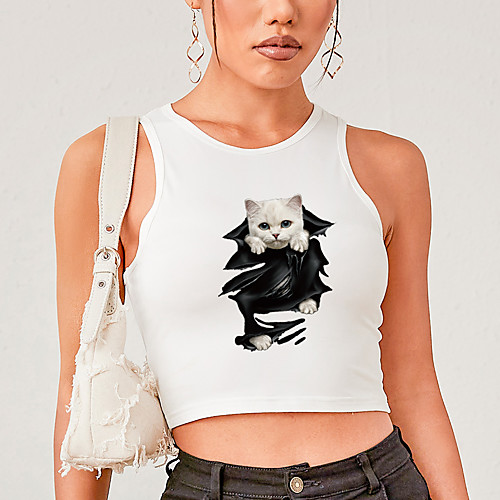 

Women's Crop Top Tank Top Vest Cat 3D Animal Print Round Neck Basic Sexy Tops Slim White Black Blushing Pink