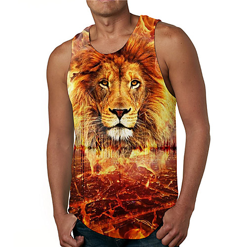 

Men's Tank Top Undershirt 3D Print Graphic Prints Lion Print Sleeveless Daily Tops Casual Designer Big and Tall Orange
