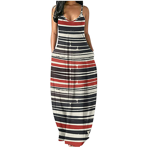 

Women's Strap Dress Maxi long Dress Dot Black and Red Navy Rainbow Stripe Pink purple colourful Blue Purple Yellow Sleeveless Stripes Summer Casual 2021 S M L XL XXL