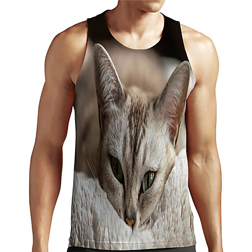 

Men's Unisex Tank Top Undershirt 3D Print Cat Graphic Prints Animal Plus Size Print Sleeveless Casual Tops Basic Designer Big and Tall Gray