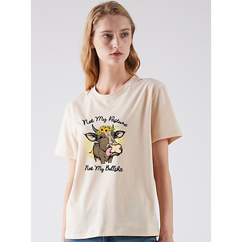 

Women's T shirt Cow Print Round Neck Basic Tops Black Khaki Green