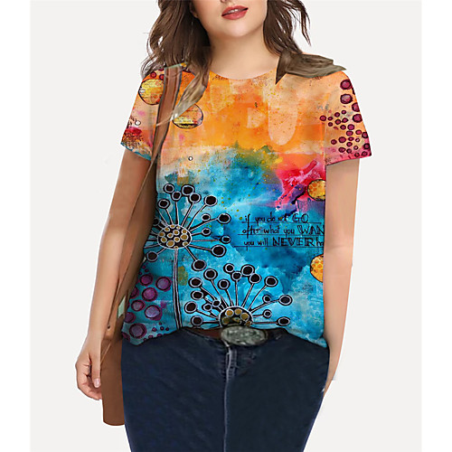 

Women's Plus Size Tops T shirt Floral Graphic Print Short Sleeve Crewneck Basic Blue Big Size XL XXL 3XL 4XL 5XL / Holiday