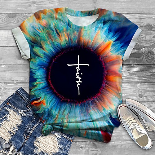 

Women's Plus Size Tops T shirt Floral Graphic Print Short Sleeve Crewneck Basic Blue Big Size XL XXL 3XL 4XL 5XL / Loose