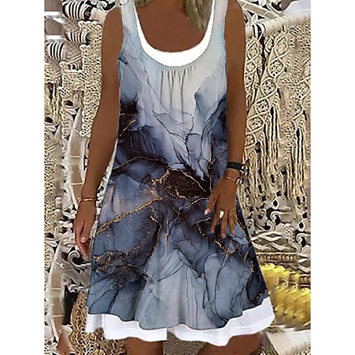 

Women's Shift Dress Knee Length Dress Blue Sleeveless Print Fake two piece Print Spring Summer Boat Neck Elegant Casual Holiday Loose 2021 S M L XL XXL 3XL