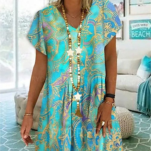 

Women's Sundress Knee Length Dress Blue Red Short Sleeve Color Block Print Spring Summer V Neck Sexy Boho Holiday Loose 2021 S M L XL XXL 3XL 4XL 5XL