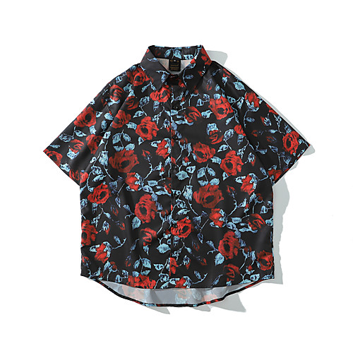 

Men's Shirt Other Prints Floral Graphic Button-Down Print Short Sleeve Casual Tops Basic Hawaiian Distressed Button Down Collar Black / Summer