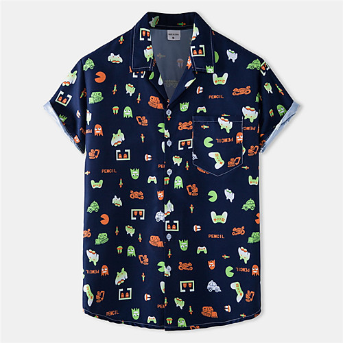 

Men's Shirt Ghost Button-Down Short Sleeve Casual Tops Cotton Casual Fashion Hawaiian Breathable Navy Blue