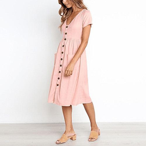 

Women's A Line Dress Knee Length Dress Blushing Pink Wine White Short Sleeve Solid Color Pocket Summer V Neck Elegant Casual 2021 S M L XL
