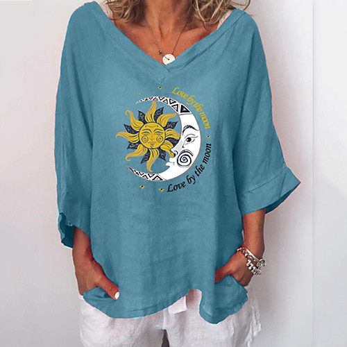 

Women's Plus Size Tops Blouse Moon Sun 3/4 Length Sleeve V Neck Blue Blushing Pink Gray Big Size L XL 2XL 3XL 4XL