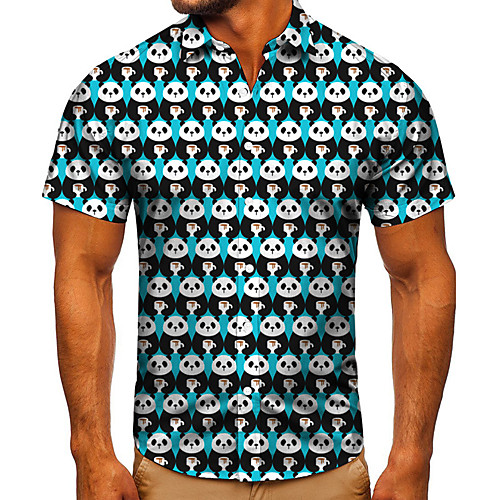 

Men's Shirt 3D Print Graphic Prints Panda Button-Down Short Sleeve Street Tops Casual Fashion Classic Breathable Blue