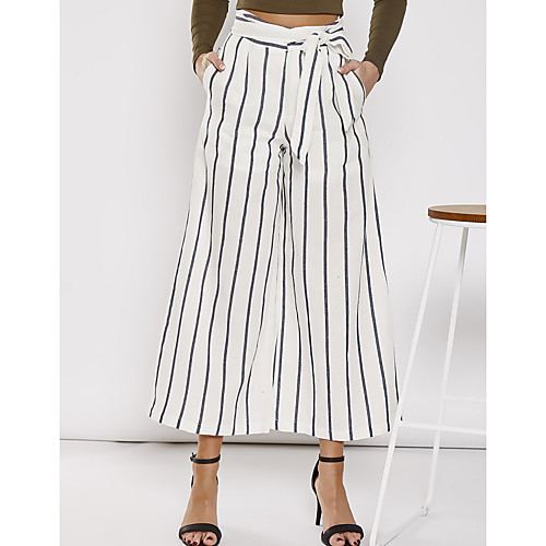 

Women's Fashion Streetwear Comfort Going out Work Wide Leg Pants Stripe Ankle-Length Novelty Drawstring White