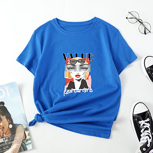 

Women's T shirt Portrait Eye Letter Print Round Neck Tops Cotton Basic Basic Top White Black Blue