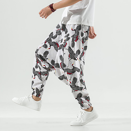 

Men's Chinoiserie Folk Style Outdoor Loose Daily Home Harem Loose Jogger Chinos Pants Solid Colored Ankle-Length Baggy Drawstring White Black