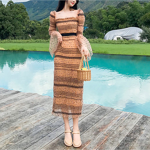 

A-Line Vintage Sexy Holiday Party Wear Dress Scoop Neck Long Sleeve Ankle Length Tulle with Pleats Pattern / Print 2021