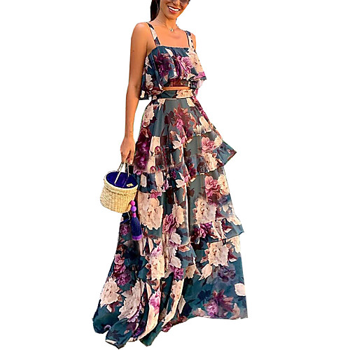 

Women's Swing Dress Maxi long Dress Wine Sleeveless Print Spring Summer cold shoulder Casual 2021 S M L XL