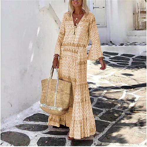 

Women's Swing Dress Maxi long Dress Light Blue Purple Yellow Blushing Pink Light Green Long Sleeve Print Spring Summer V Neck Casual / Daily Boho 2021 S M L XL XXL XXXL / Holiday