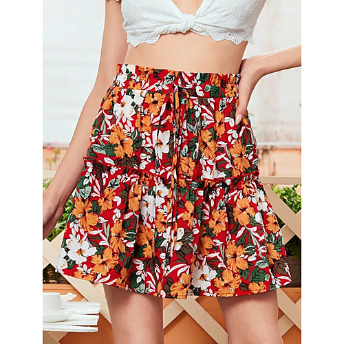 

Women's Date Vacation Basic Streetwear Skirts Floral / Botanical Flower Drawstring Ruffle Red