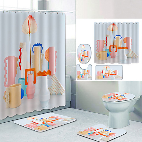 

Art Cup Digital Printing Four-piece Set Shower Curtains and Hooks Modern Polyester Machine Made Waterproof Bathroom