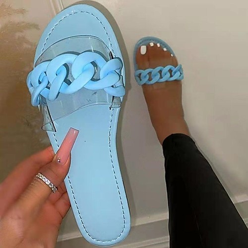 

Women's Sandals Outdoor Slippers Flat Heel Round Toe PU Solid Colored Black Blue Silver