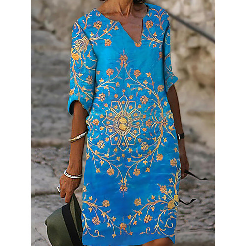 

Women's A Line Dress Knee Length Dress Light Blue Short Sleeve Pattern Summer Casual 2021 S M L XL XXL XXXL