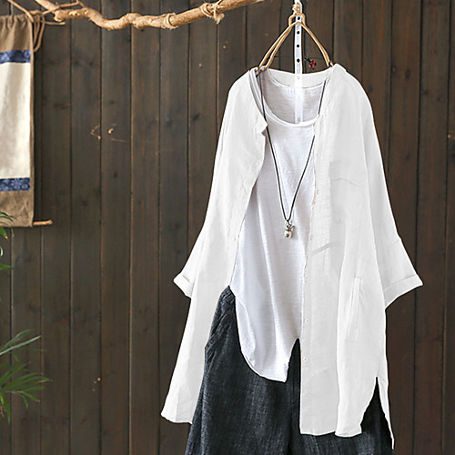 

Women's Coat Casual / Daily Spring & Summer Regular Coat Shirt Collar Regular Fit Casual Jacket Solid Color Others khaki White / Cotton