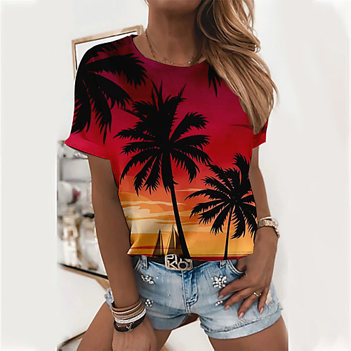 

Women's Floral Theme 3D Printed Painting T shirt Plants Scenery 3D Print Round Neck Basic Tops Purple Red