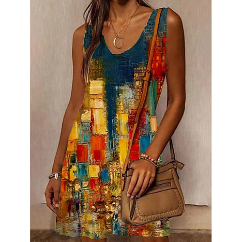 

Women's T Shirt Dress Tee Dress Knee Length Dress Yellow Sleeveless Abstract Oil Painting Print Spring Summer Round Neck Ethnic Style Active Vintage Holiday 2021 S M L XL XXL XXXL