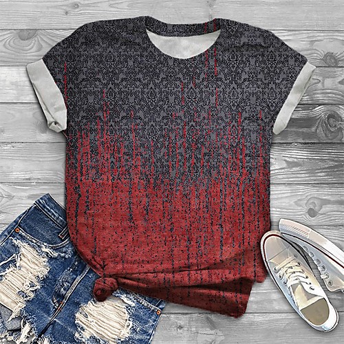 

Women's Plus Size Tops T shirt Color Gradient Graphic Print Short Sleeve Crewneck Basic Red Big Size XL XXL 3XL 4XL 5XL / Loose
