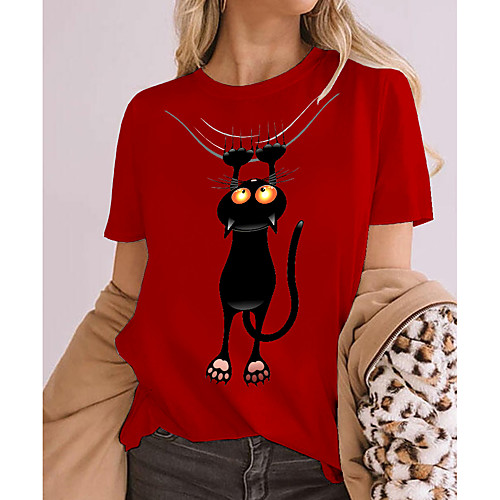 

Women's Cat 3D Cat T shirt Cat Animal Print Round Neck Basic Tops 100% Cotton Purple Red Yellow