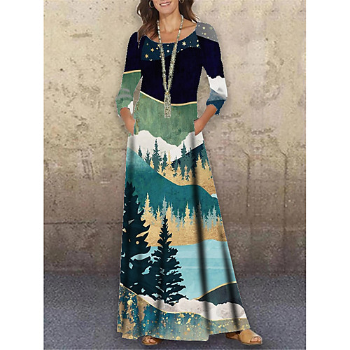 

Women's Shift Dress Maxi long Dress Blue White Navy Blue 3/4 Length Sleeve Print Color Block Print Spring Summer Round Neck Casual Holiday 2021 S M L XL XXL 3XL
