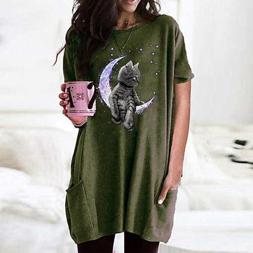 

Women's T shirt Dress Cat Graphic 3D Round Neck Tops Basic Basic Top Black Wine Army Green