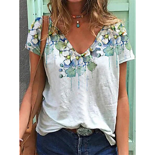 

Women's T shirt Floral Plants Print V Neck Tops Basic Basic Top White