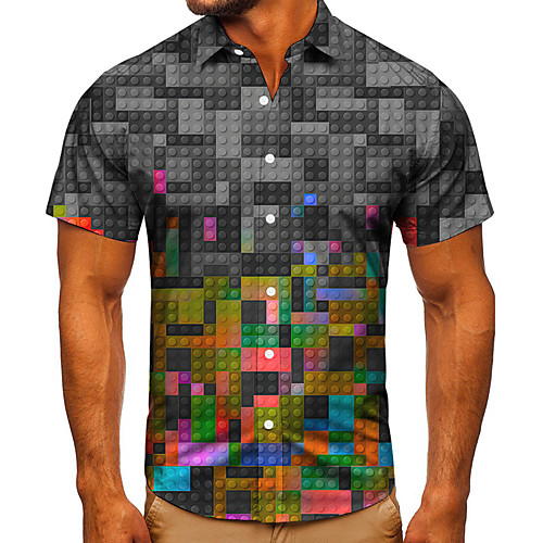 

Men's Shirt 3D Print Graphic Prints Jigsaw Button-Down Short Sleeve Street Tops Casual Fashion Classic Breathable Gray