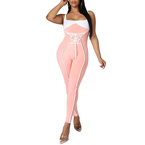

Women's Basic Sporty Look Black Blue Blushing Pink Jumpsuit Color Block Lace up