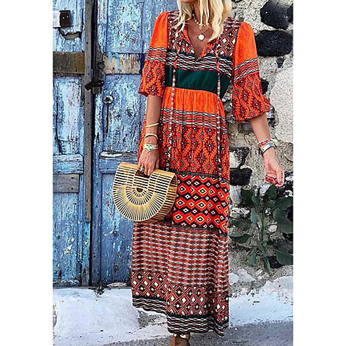 

Women's Shift Dress Maxi long Dress Blue Yellow Red 3/4 Length Sleeve Print Print Fall Summer V Neck Elegant 2021 S M L XL