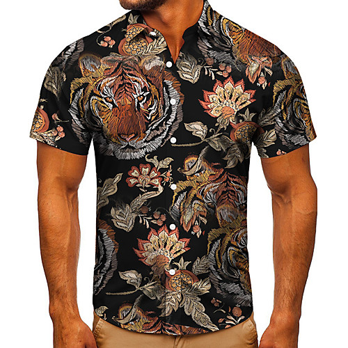 

Men's Shirt 3D Print Graphic Prints Tiger Button-Down Short Sleeve Street Tops Casual Fashion Classic Breathable Black