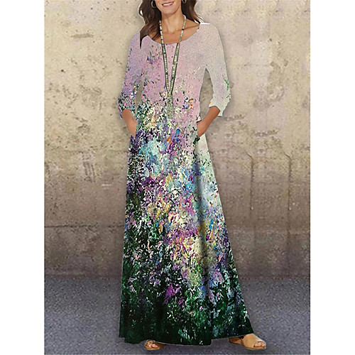 

Women's Shift Dress Maxi long Dress Green 3/4 Length Sleeve Floral Print Print Spring Summer Round Neck Casual Holiday 2021 S M L XL XXL 3XL
